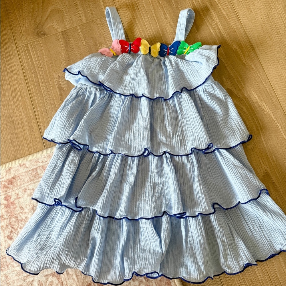 Good Lad Light Blue Ruffled Dress with Rainbow Butterfly Accents